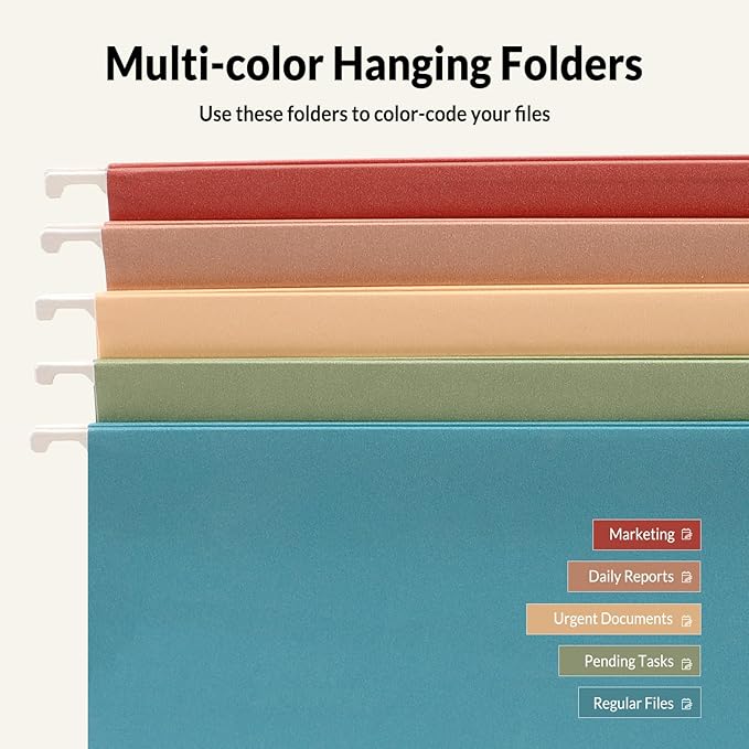 SUNEE Hanging File Folders Retro Colors, 25 Pack Letter Size File Folders with 1/5-cut Tabs, Stay Organized for Your Home and Office Bulk File and Documents
