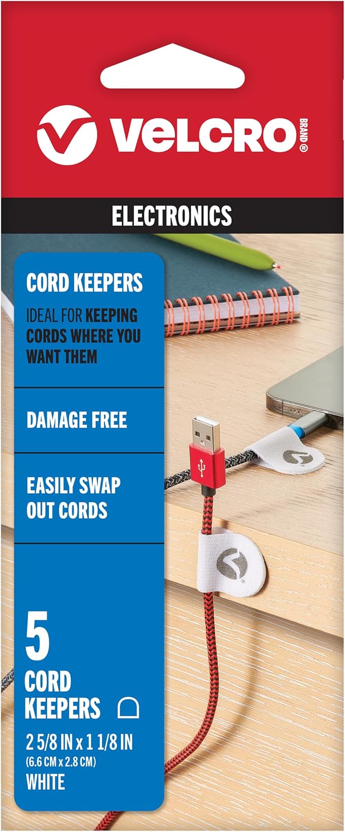 VELCRO Brand Cord Keepers | Charging Cord Organizer, Cord Holder for Nightstand, Desk | Removable Adhesive Backing | Soft Nylon Cable Clips | 5pk, White