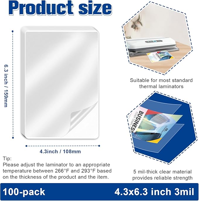 100 Pack 4“x6" 3mil Thermal Laminating Pouches Badge Laminate Pouches Clear Laminated Luggage Tags Printable Laminator Pouches for Business Permits Cards