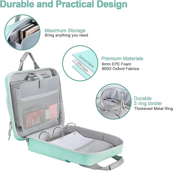 3 Inch D-Ring 3 Ring Zipper Binder, Binder with Strap 700 Sheet Capacity & Multi-Pockets School and Office Organizer, Compatible with 13-Inch MacBook(Patent Design Light Blue)