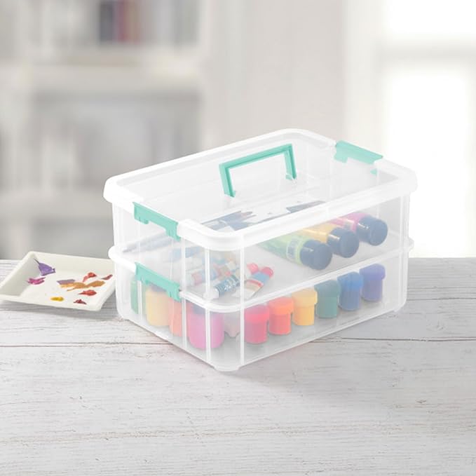 Sterilite 12-Pack Stack & Carry, 2 Layer Handle Box for Home & Office Storage - Clear Base & Lid with Color Latches, Organizer for Art & Craft Supplies, Sewing Tools or 8.5" x 11" Paper
