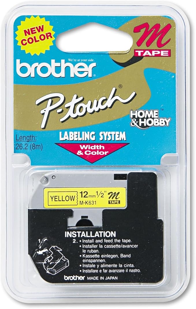 Brother Genuine P-touch M-K631 Label Tape 1/2" (0.47") Standard Laminated P-touch Tape, Black on Yellow Laminated for Indoor or Outdoor Use, Water Resistant, 26.2 Feet (8M), Single-Pack (MK631),Black/Yellow