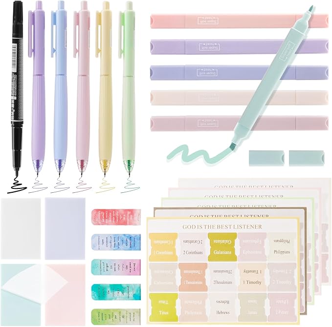Bible Study Supplies, Journaling Kit Accessories with No Bleed Bible Highlighters, Permanent Markers, Colored Gel Pens, Index Tabs, Magnetic Bookmarks, Sticky Notes, Christian Gifts for Women