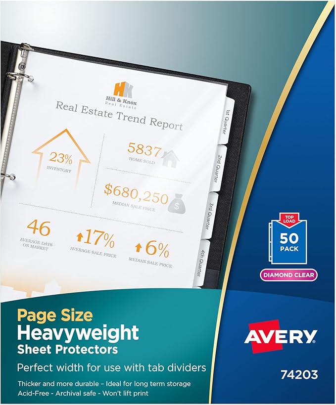 Avery Diamond Clear Page-Size Sheet Protectors, Pre-Punched for Use with Tab Dividers, Top Load, 50 Document Protectors (74203)