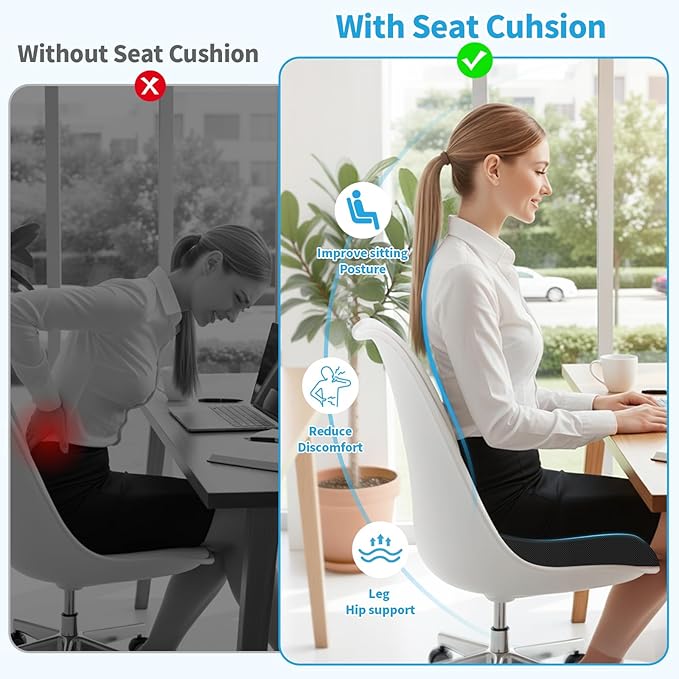 Large Seat Cushion，Soft Foam Cushion for Long Sitting Hours on Office Chair, Home & Car, Non-Slip Chair Pad for Relieving Back & Sciatica & Hip & Coccyx Pain (Black)