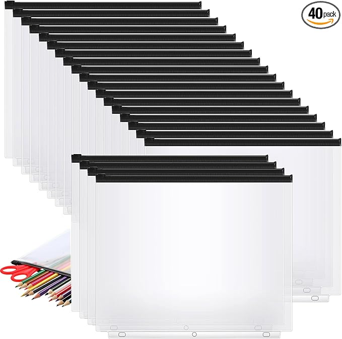 40 Pieces Binder Pockets 3 Hole Zipper Pouch 3 Ring A4 Pockets with Zipper Binder Folders Plastic Pouches Loose Leaf Bags Waterproof PVC Document Filing Bag(Black)