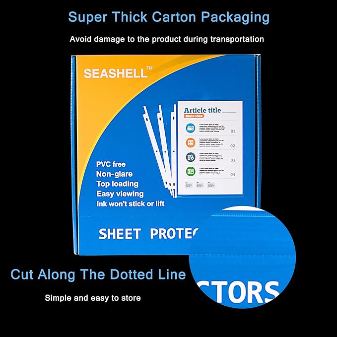 Seashell 300PCS Non-Glare Sheet Protectors 8.5 x 11, Page Protectors Reinforced 3 Holes, 2 Mil Thick Top Loading Page Protectors, Plastic Sleeves for 3 Ring Binder, Acid Free & Archival Safe
