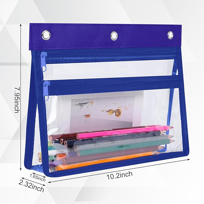 YoeeJob 6 Pack Zipper Pencil Pouches for 3 Ring Binder, 1.5 Inch Expandable with 2 Pockets and Clear Window for School and Office （Blue）