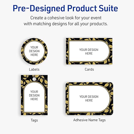 Avery Printable Adhesive Name Badges, 2-1/3" x 3-3/8", Pre-Printed Arched Black Border with Golden Leaves Design, Matte White, Laser & Inkjet Compatible, 80 Total