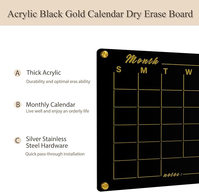 Black Acrylic Calendar Whiteboard for Wall,16’’x12’’,Dry Erase Calendar for Home,Office
