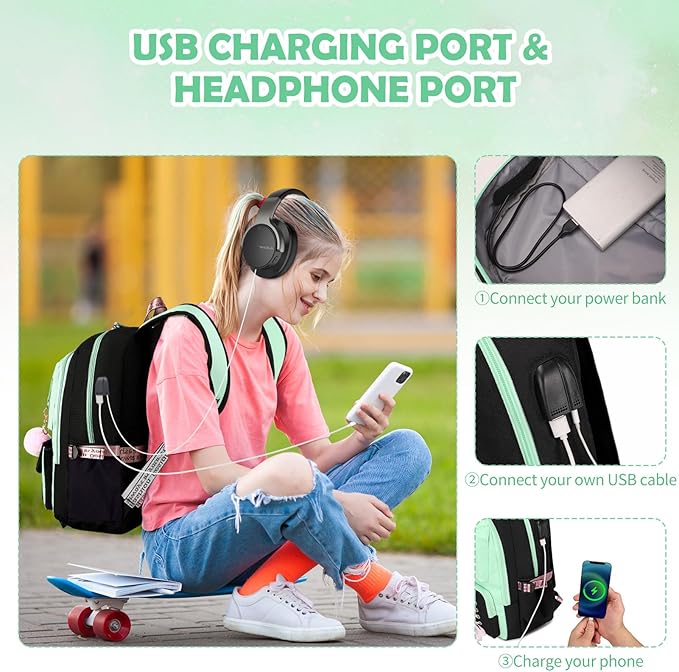 Backpacks for Girls, Girls Backpack with Lunch Box and Pencil Case for Teen Kids Elementary Middle High School College Student, Children Backpack Bookbag with USB Charging Port (Black Green)