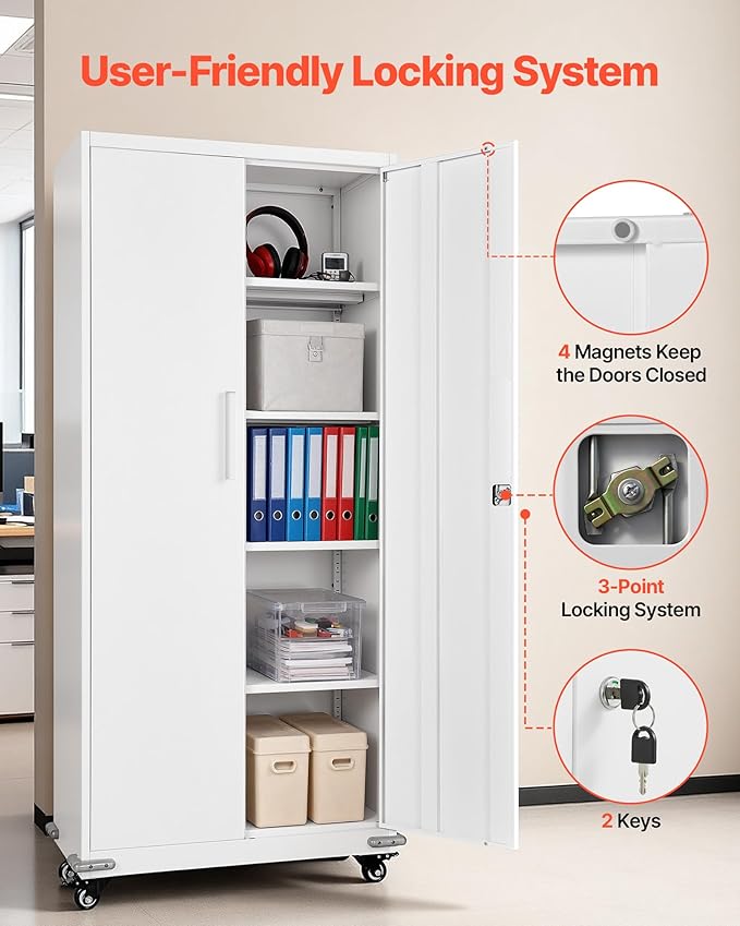 VEVOR Metal Storage Cabinet, 72.6 in Rolling Steel Garage Cabinet with 4 Adjustable Shelves, 2 Magnetic Doors & 2 Keys, 5 Tiers Lockable Tool Storage for Pantry, Warehouse, Basement, Office, White