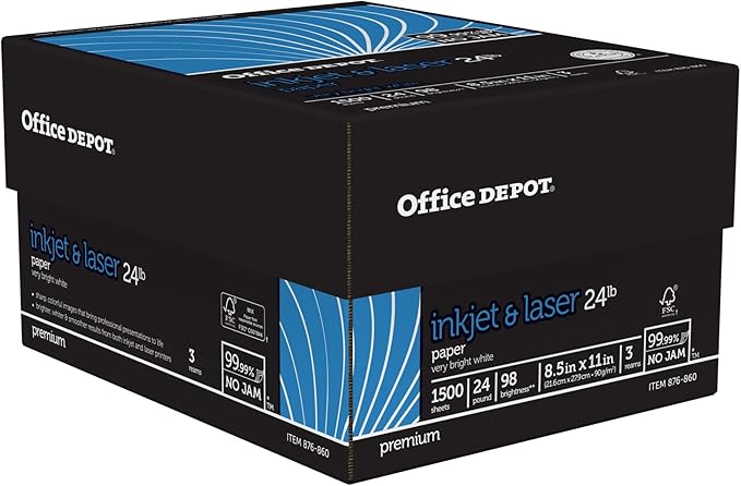 Office Depot Laser Print Paper, 8 1/2in. x 11in., 24 Lb, 30% Recycled, 500 Sheets Per Ream, Case Of 3 Reams, 751440
