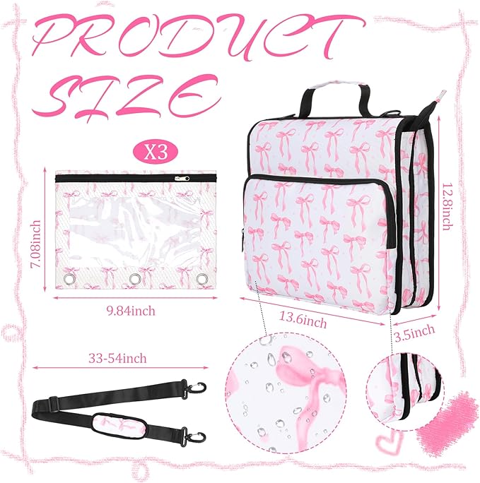 4 Pcs Pink Bow Coquette Zipper Binder with Pouch Bag Set 1.5 Inch 3-Ring Expanding Folders with Shoulder Straps and Handle Bowknot Keeper Watercolor Zipper Case for Office