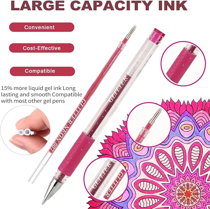 72 Pack Glitter Neon Gel Pens, 24 Glitter Neon Tone Gel Pens with 48 Refills,40% More Ink Colored Gel Pens for Adults Coloring Drawing Doodling Scrapbook Journaling