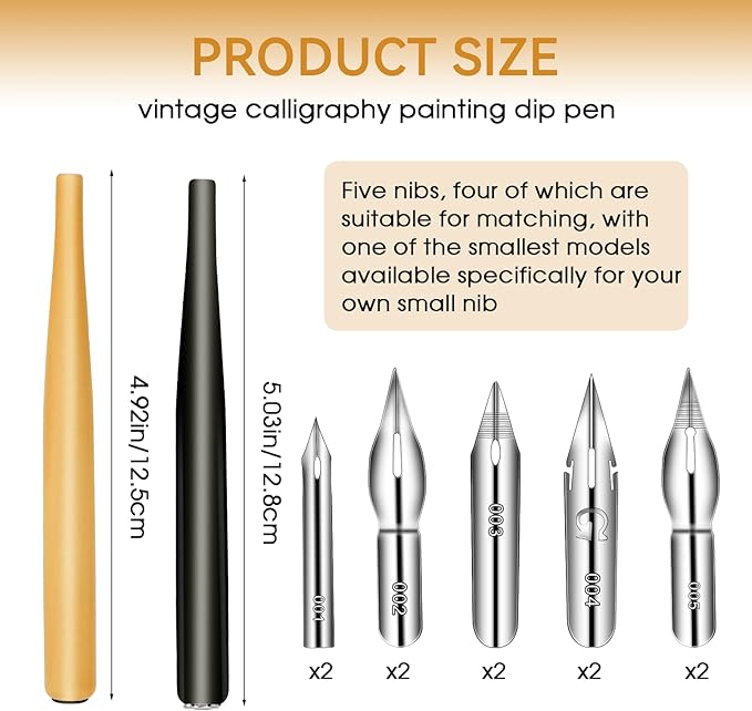 12PCS Comic Pen Nibs Set, Oblique Calligraphy Dip Pen Nib Holder with Stainless Steel Replacements for Writing, Signing, Painting
