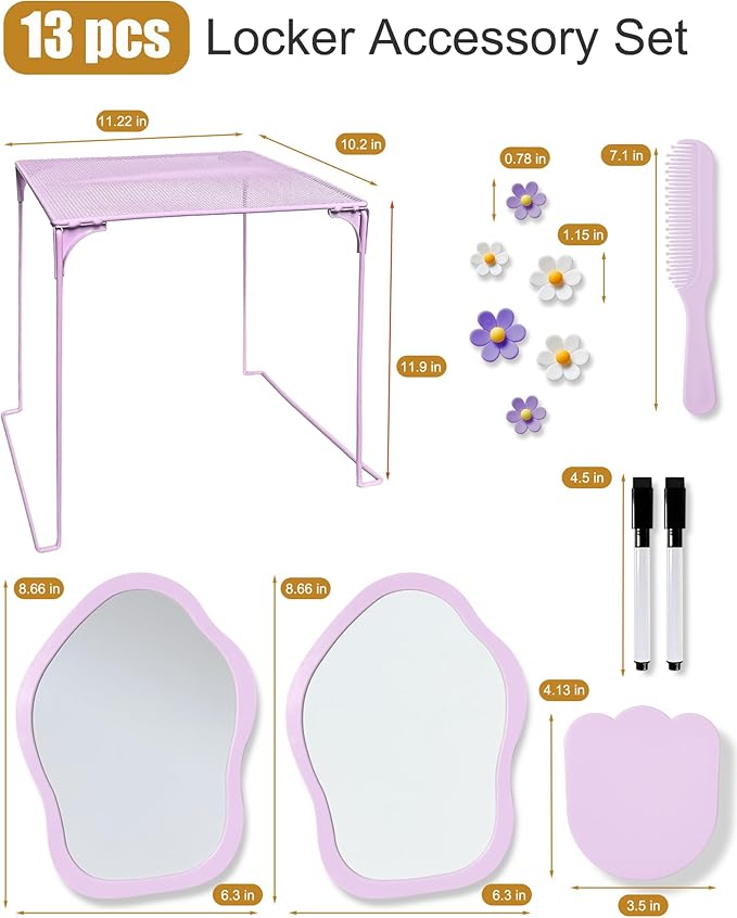 KEYDUACU 12 pcs Girls Locker Accessories, Locker Decorations Including Mirrors, whiteboards, Magnets and organizing Supplies. Ideal for Back-to-School Essentials and The Office (13 pcs-Purple)