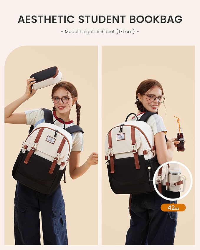 LOVEVOOK School Backpack for Teen Girls, Waterproof Travel College Bookbag for Middle High School with Large Cup Holder & Pencil Case, Fits 15.6'' Laptop, Cute Aesthetic Kids Student Backpack