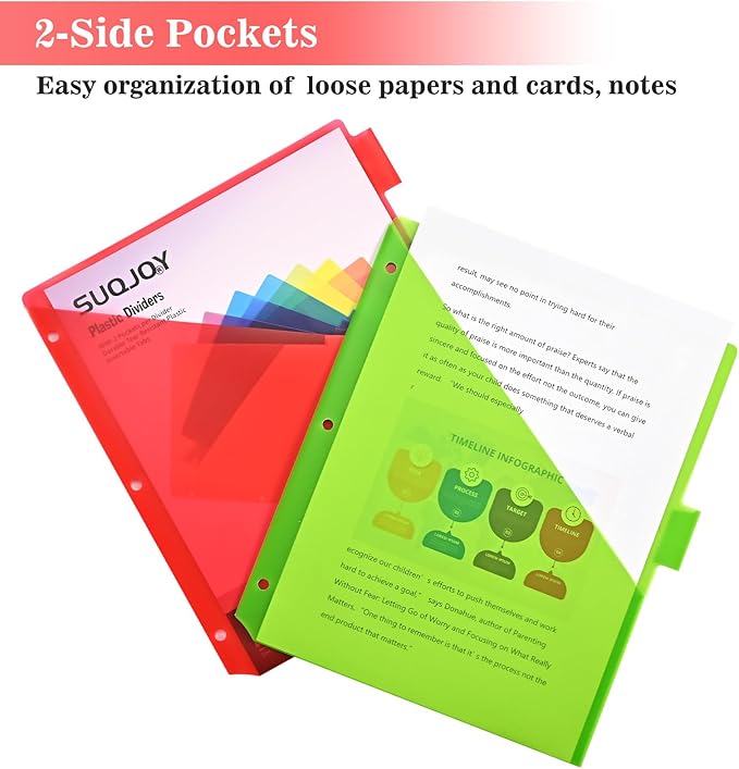 Binder Index Dividers with Tabs, 96 Count 3 Ring Binder Dividers with Pockets, 8 Tab Dividers for 3 Ring Binder, Plastic Sheet Protectors for US Letter Size, 8 Color Tab Dividers,12 Packs