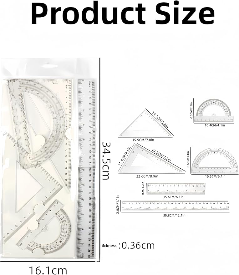 6 Pcs Plastic Ruler Math Set, Transparent Straight Protractor Triangle Measuring Tools, Geometry Ruler for School Office Home/Students(Clear)
