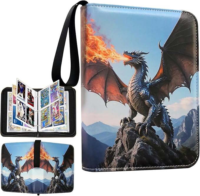 Trading Card Binder Deluxe Charizard 4-Pocket Side-Loading Pages Zipper Album with 50 Sleeves, 400 Pockets – Fits Sleeved Cards, Ideal for TCG, MTG, Sports Collectors