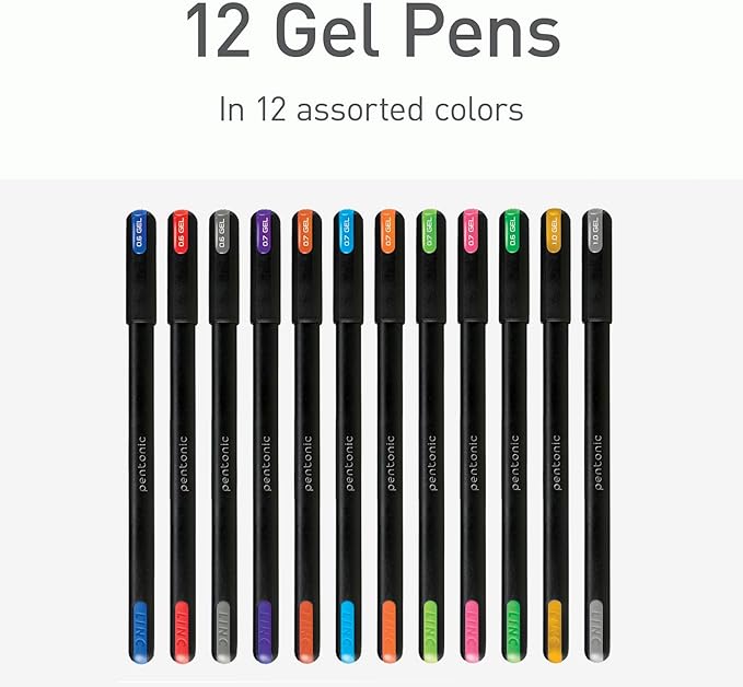 Pentonic Gel Pens In Pen Organizer Case, 12 Count, Assorted Colored Ink, 0.6 mm, 0.7 mm, 1.0 mm, Smooth Writing (PEN12185)