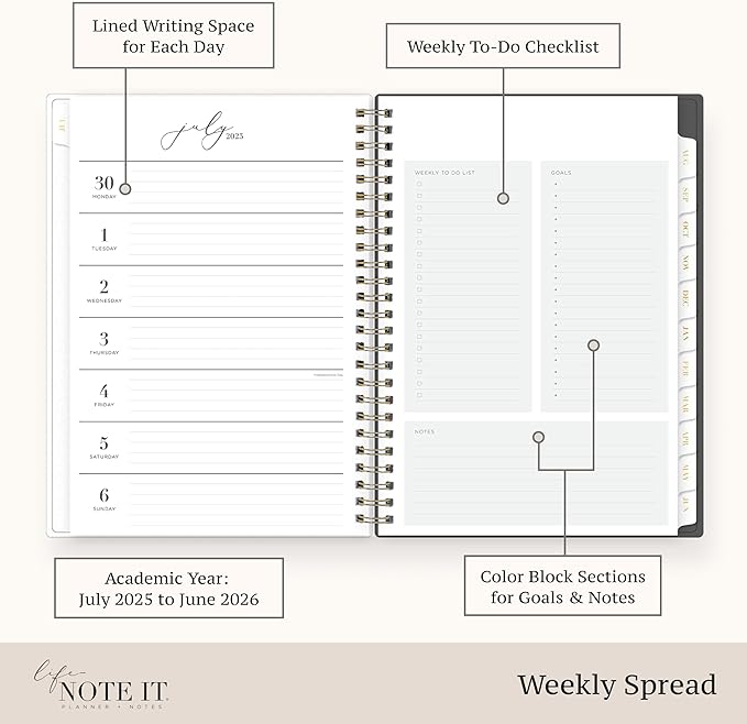 Blue Sky Life Note It 2025-2026 Academic Year Weekly and Monthly Planner, July 2025 - June 2026, 5.875" x 8.625", Frosted Cover, Laminated Tabs, Wirebound, Storage Pocket, Hannah