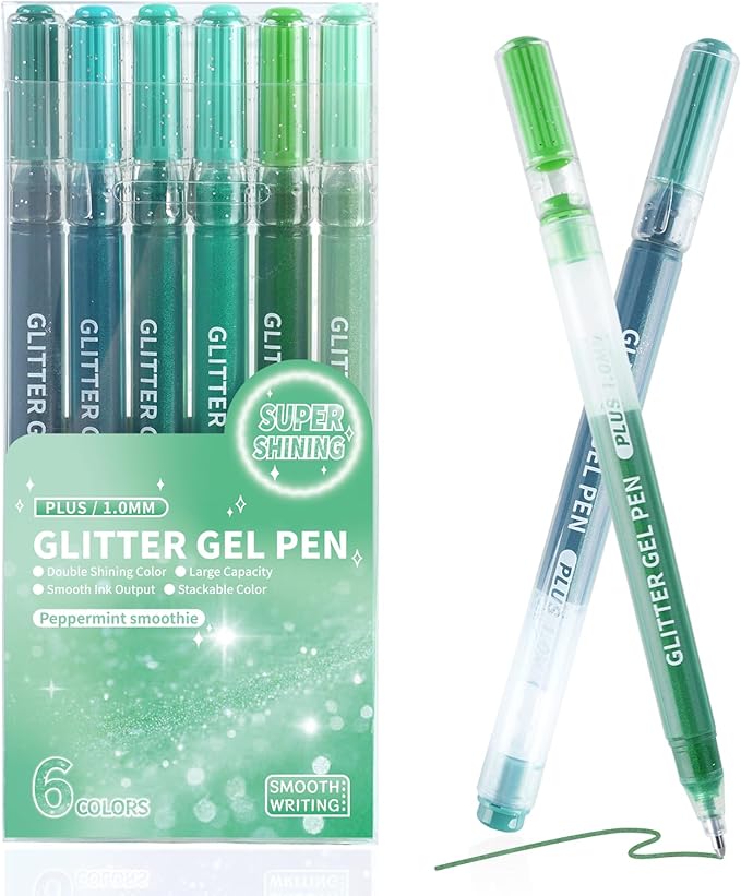 Glitter Gel Pens, 6 Colors Double Shining Colors Green Glitter Metallic Gel Ink Pen with 1.0 mm Large Capacity Smooth Writing Color Pens for Adult Coloring Note, Drawing, Art Supplies