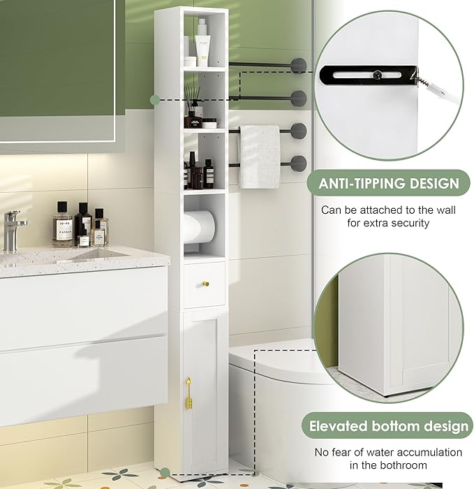 VECELO Tall Narrow Storage Cabinet with 3 Adjustable Shelves, Slim Freestanding Bathroom Cabinet with Toilet Paper Holder, Magnetic Door & Drawer, for Small Spaces, 7.9" D x 7.9" W x 67" H, White