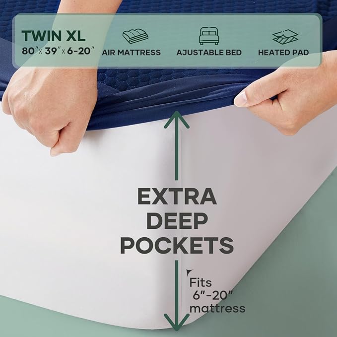 OhGeni 100% Waterproof Mattress Protector, Twin XL-Navy Blue Size Mattress Pad, Fits 6"-20" Mattresses with Deep Pocket, Cooling, Breathable Fitted Sheets, Soft Bed Cover, Noiseless, Machine Washable