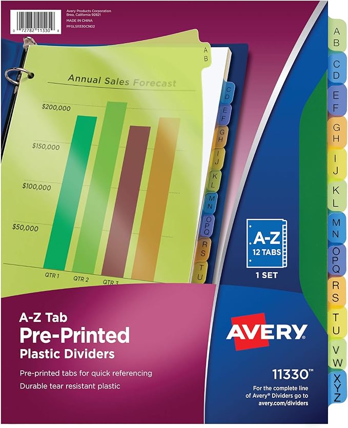 Avery Plastic A-Z 12-Tab Dividers for 3 Ring Binders, Pre-Printed Multicolor Tabs, 1 Set (11330)