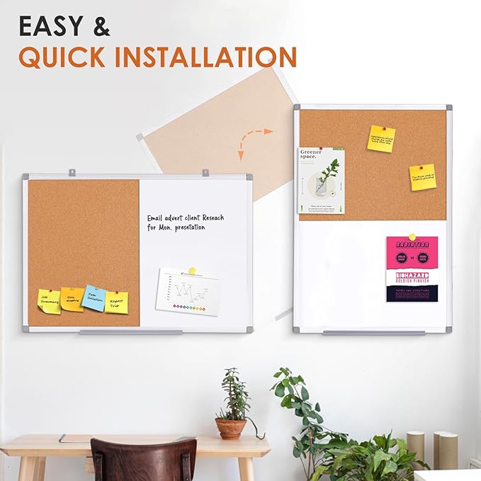 S SWANCROWN Dry Erase Board Cork Board Combo, 24"x18" Magnetic White Board and Bulletin Pin Board Combination,Hanging Wall Mounted Vision Board for Home, School, Office,Silver Frame