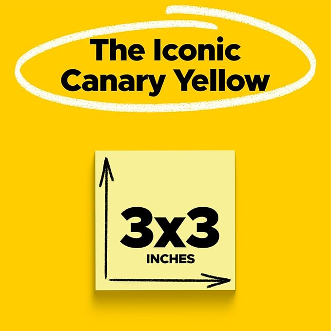 Post-it 100% Recycled Paper Super Sticky Notes, Canary Yellow, 3 in. x 3 in., 24 Sticky Note Pads, 70 Sheets per Pad, New Year Organization or Second Semester School Supplies