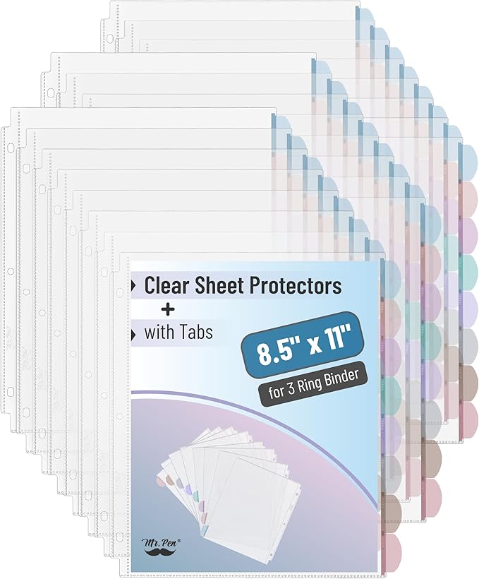 Mr. Pen- Clear Sheet Protectors with Tabs Bulk, 8 Tabs, 24 Sets, Clear Plastic Dividers for 3 Ring Binder, Insertable Index Page Divider Multicolor Tabs