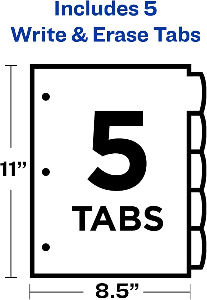Avery Big Tab Write & Erase Durable Plastic Dividers for 3 Ring Binders, 5-Tab Set, Pastel Multicolor, 1 Set (16170)