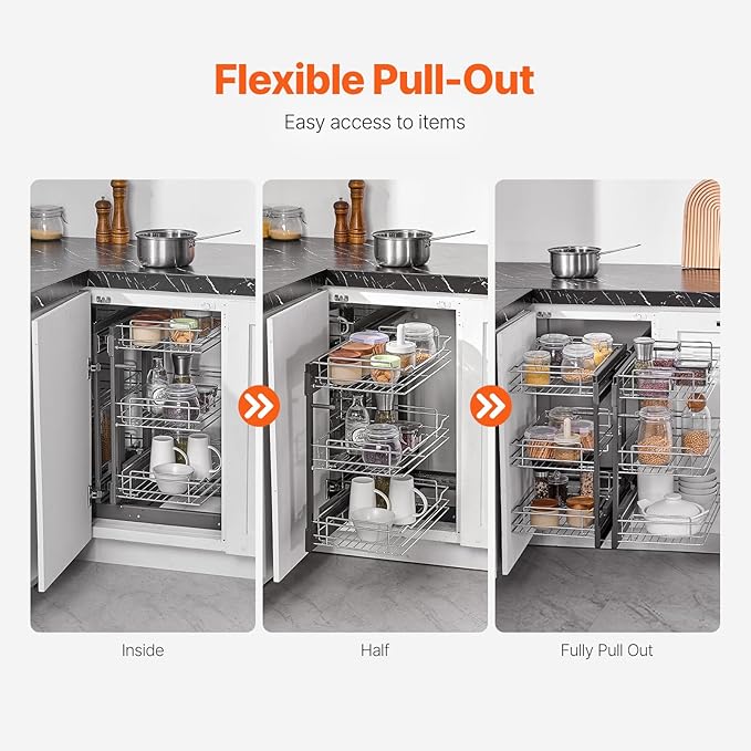 VEVOR 3 Tier 6 Shelf Chrome Carbon Steel Kitchen Cabinet Organizer, Slide Out Storage, Space Saving, Silver, For 15" Width, Food, Jars, Cans, Cookware, Pans, Mugs