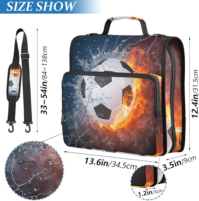 Water Fire Soccer Zipper Binder Bag 3 Ring Binder with Shoulder Strap Zip Up 500 Sheets Capacity Multi Pockets for School Office Supplies