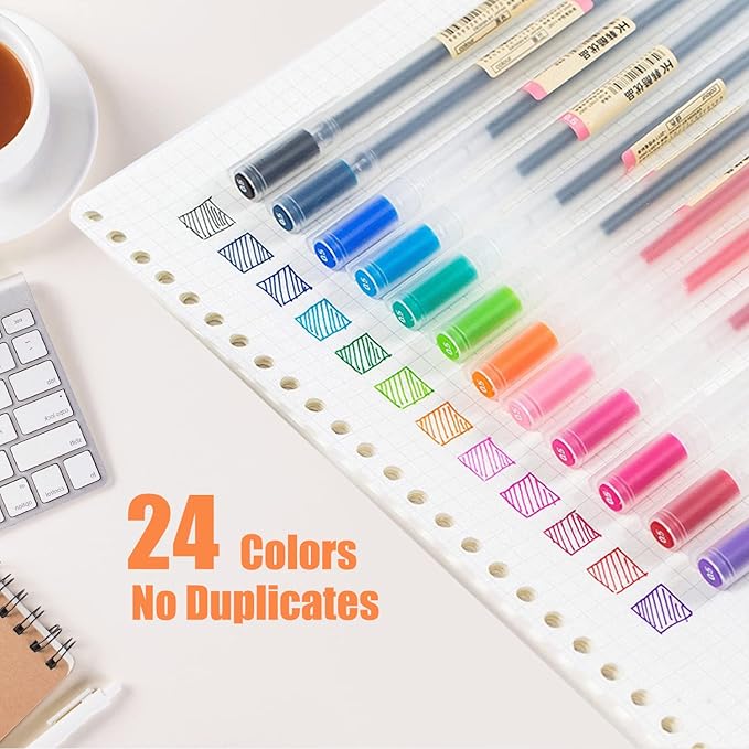 Gel Pens 24 Colors, Ball Point Pens Fine Point, 0.5 mm Ink Pen, Note Taking Pens for Japanese Korean Office School Stationery Supplies (Assorted, 24 Colors)