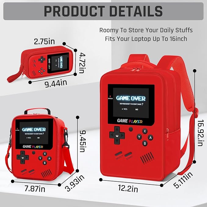 School Backpack for Boys,3pcs Gamer Boys Backpack with Lunch Box Set for Kids Children Teens Elementary Middle School,17" Large Capacity Student Bookbag & Multifunctional Video Game Travel Bag