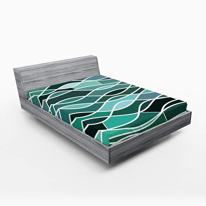 Ambesonne Seafoam Fitted Sheet, Stained Glass Pattern with Wavy Lines and Mosaic Abstract Geometric Composition, Bed Cover with All-Round Elastic Deep Pocket for Comfort, Full Size, Multicolor