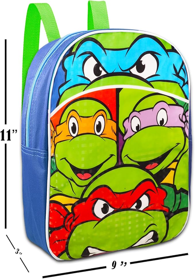 Teenage Mutant Ninja Turtles Mini Backpack with Lunch Box Set - Bundle with 11” TMNT Backpack, Lunch Bag, Stickers, More | TMNT Bag for Toddler Boys