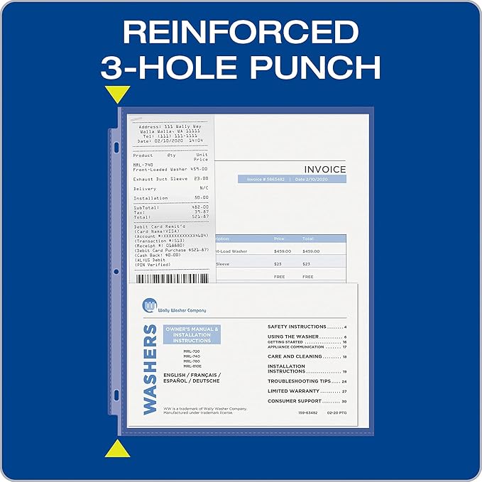 Oxford Sheet Protectors, Clear Finish, Top Load, Letter Size Plastic Sleeves, Reinforced 3 Hole Punch for Binders, Sheets for 3 Ring Binder, 100 per Box (33267)