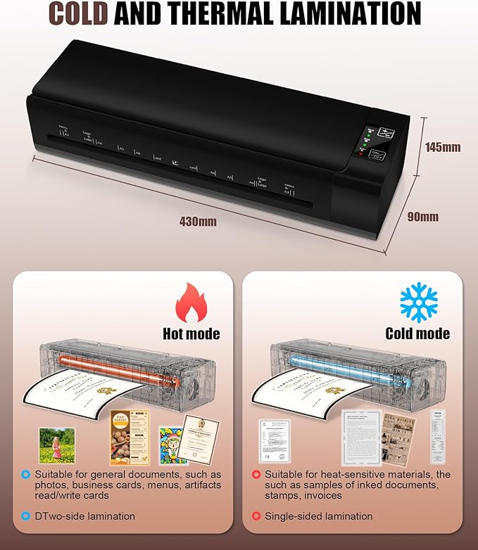 13 Inch 9-in-1 Laminator Machine, Laminator with Sheets for Hot & Cold Laminating Machine for Home, Office, or School Use, Features Fast 60-Sec Warm Technology and Never-Jam Design