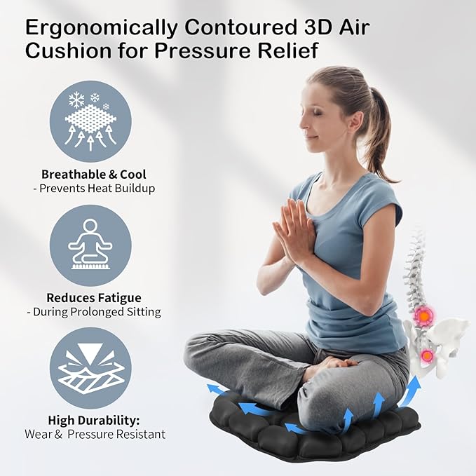 Upgrade Air Inflatable Pressure Relief Seat Cushion, Comfortable 3D Travel Seat Cushion Optimal Support for Long Sitting in Car, Air Travel, Office Chairs