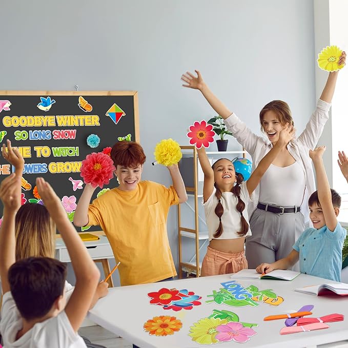 Pasimy 3D Summer Flowers Bulletin Board Decorations Set for Classroom Watch The Flower Grow Decor Floral Butterfly Bulletin Board Cutouts Borders Letters Summer Classroom Preschool Chalkboard Wall