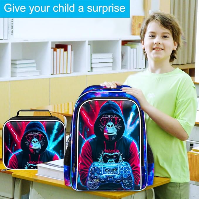 gxtvo 3PCS Game Backpack for Kids, 17" Boys Gorilla Bookbag with Lunch Box, Water Resistant Middle Elementary School Bag - Gaming Gorilla