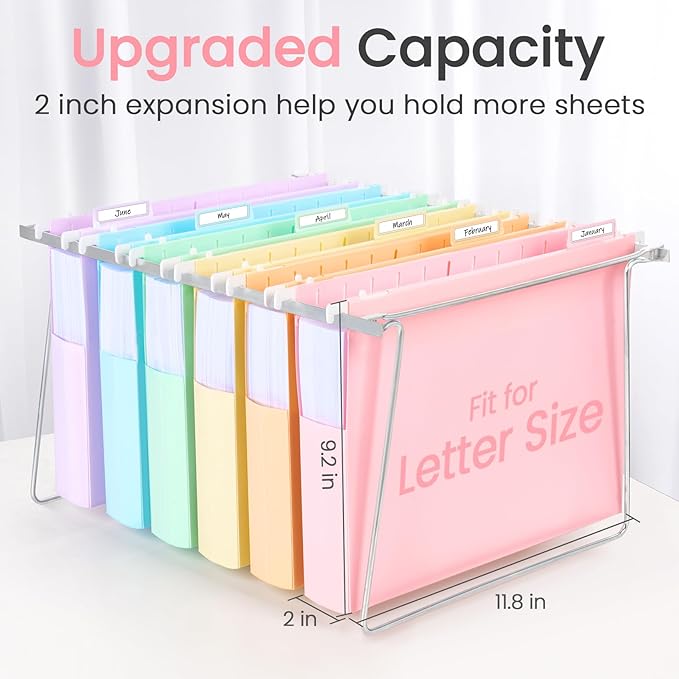 Sooez Extra Capacity Plastic Hanging File Folders, 25 Count Expanding File Folders Letter Size with 2" Expansion, File Organizer with Adjustable Tab for File Cabinet, Drawer, Pastels Colors