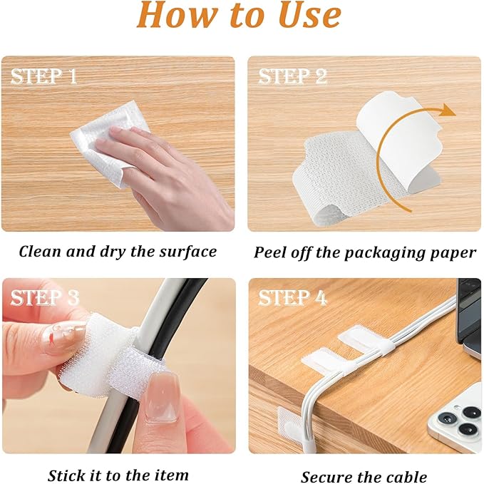 36PCS Cable Organizer Hook and Loop Cable Ties, Self Adhesive Hook and Loop Cable Straps Sticky-back Cable Management Cord Organizer Cable Clip for Household & Office Essentials (White*36)