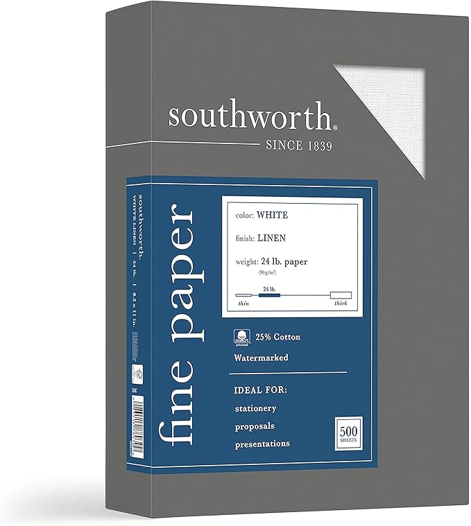 Southworth 25% Cotton Business Paper, 8.5 x 11", 24 lb/90 gsm, Linen Finish, White, 500 Sheets - Packaging May Vary (554C)