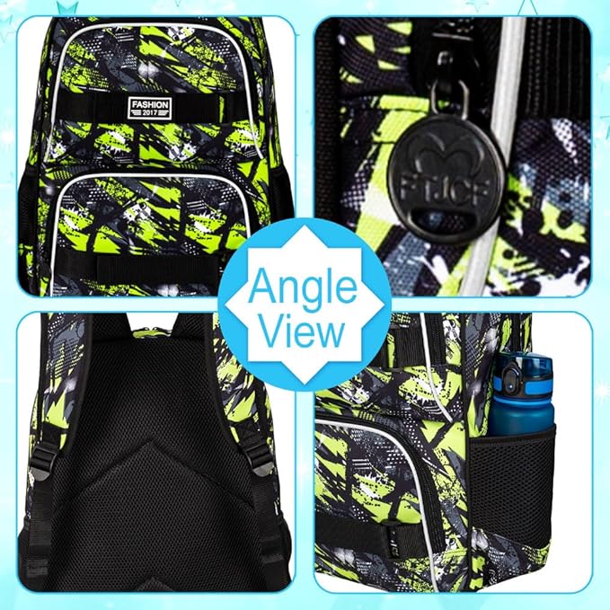 3PCS Bookbag for Boys, 17" Water Resistant School Bag with Lunch Box, Cute School Bag Set for College Teenagers High Middle Elementary - Graffiti Green
